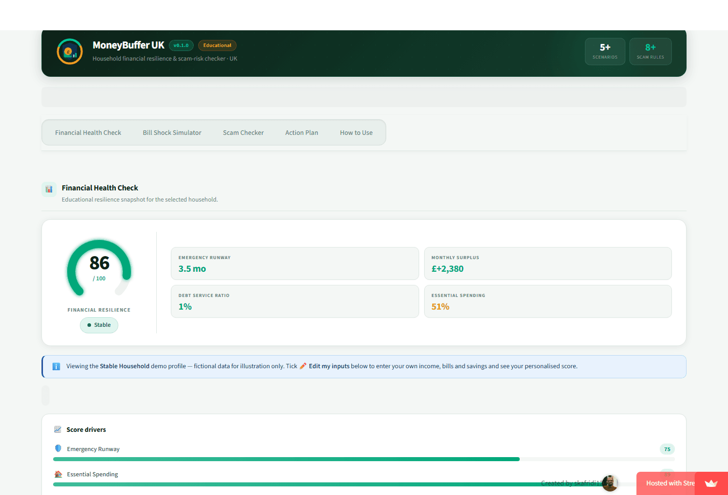 MoneyBuffer UK dashboard showing a financial health score, emergency runway, monthly surplus and score drivers.